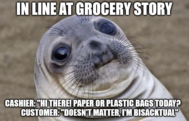 adele hello it's me meme - In Line At Grocery Story Cashier "Hitherei Paper Or Plastic Bags Todaye Customer"Doesn'T Matter.I'M Bisacktual"