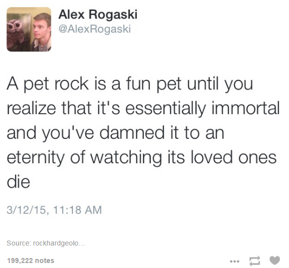 document - Alex Rogaski A pet rock is a fun pet until you realize that it's essentially immortal and you've damned it to an eternity of watching its loved ones die 31215, Source rockhardgeolo... 199,222 notes