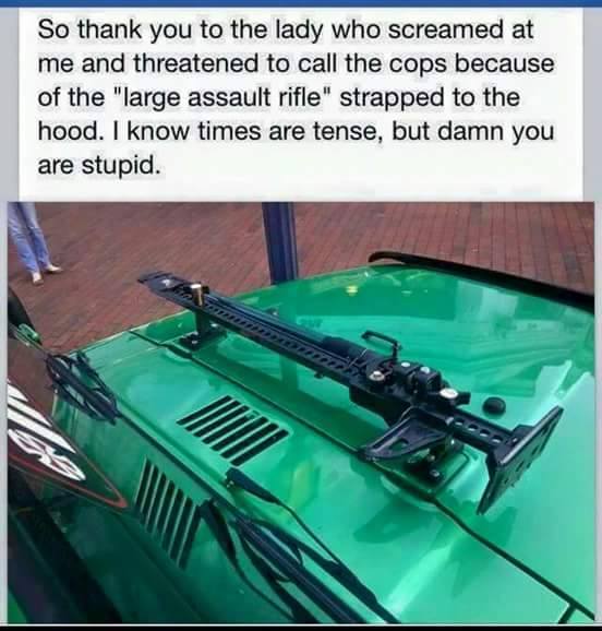 jeep assault rifle - So thank you to the lady who screamed at me and threatened to call the cops because of the "large assault rifle" strapped to the hood. I know times are tense, but damn you are stupid.