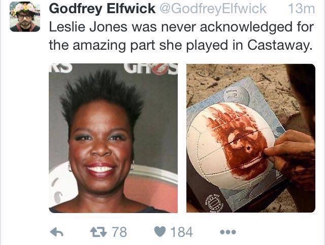 cast away wilson - Godfrey Elfwick 13m Leslie Jones was never acknowledged for the amazing part she played in Castaway. Umos ti 3 78 184 ..