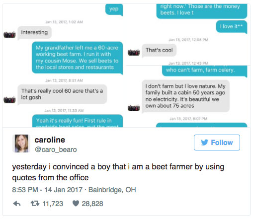 Girl Convinces Guy That She's A Beet Farmer By Texting Him Quotes From 'The Office'