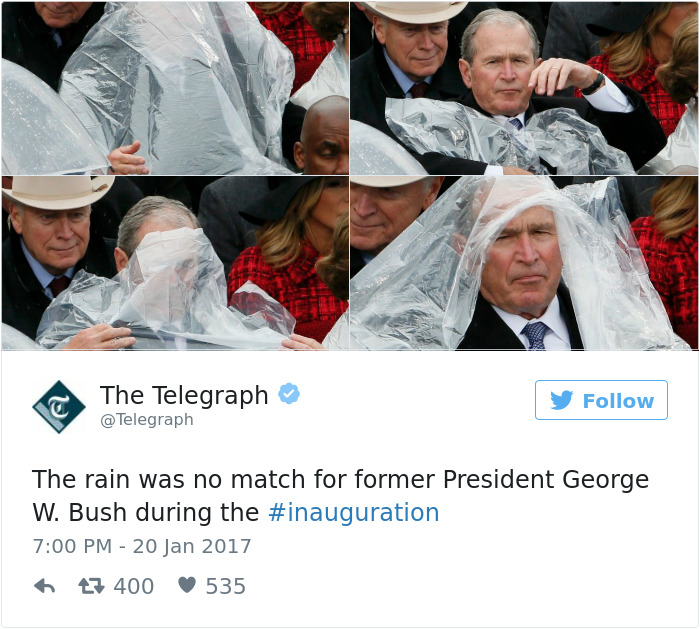 Funny pictures of George W. Bush made into a meme of how he was fighting with his poncho at Trump's inauguration.
