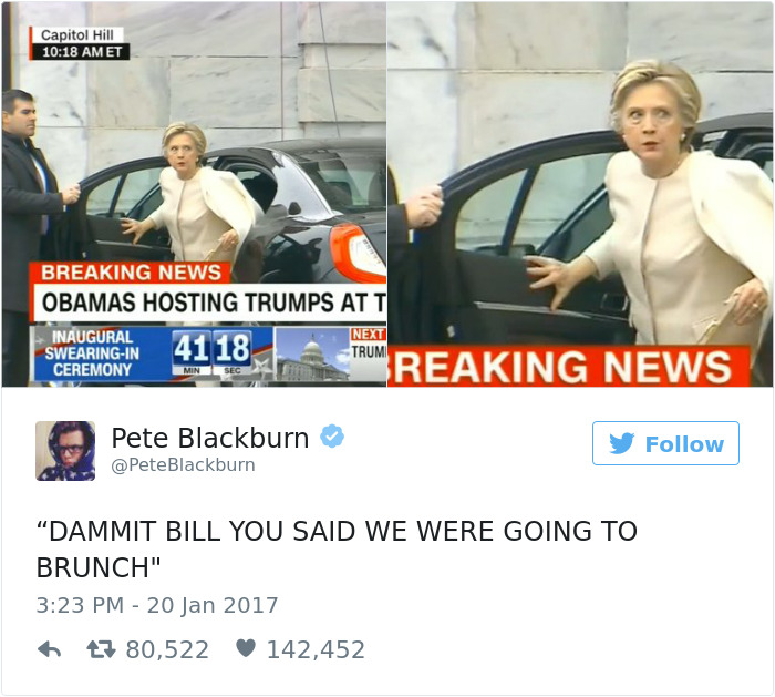 Funny meme of Hilary Clinton getting out of the car angry upon hearing that Obama's are hosting Trump before the inauguration, as is tradition.