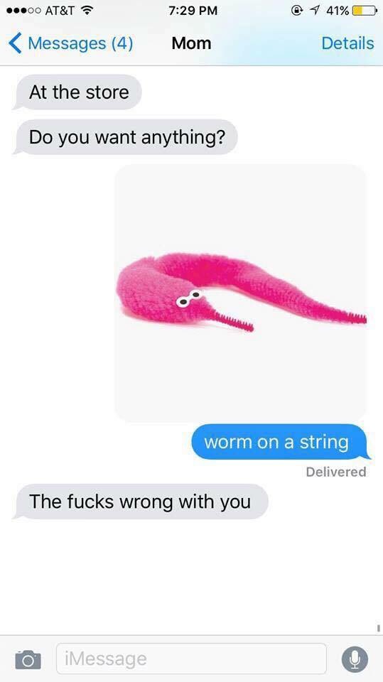 fucking worm on a string - 1 41%O ...00 At&T ? Messages 4 Mom Details At the store Do you want anything? worm on a string Delivered The fucks wrong with you O iMessage