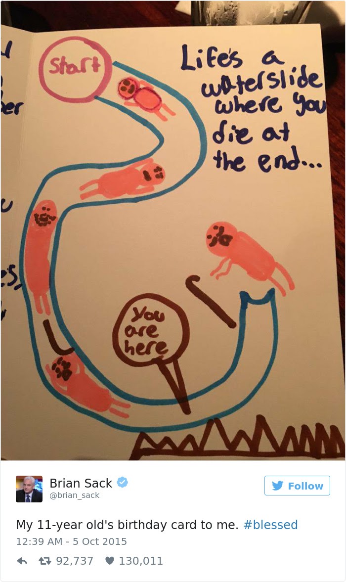 smart ass kid meme - Life's a water slide where you die at the end... You are here Brian Sack My 11year old's birthday card to me. 27 92,737 130,011