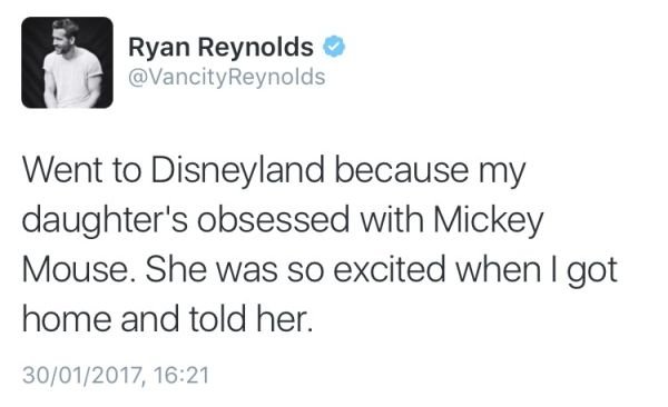 vince staples tweets - Ryan Reynolds Went to Disneyland because my daughter's obsessed with Mickey Mouse. She was so excited when I got home and told her. 30012017,
