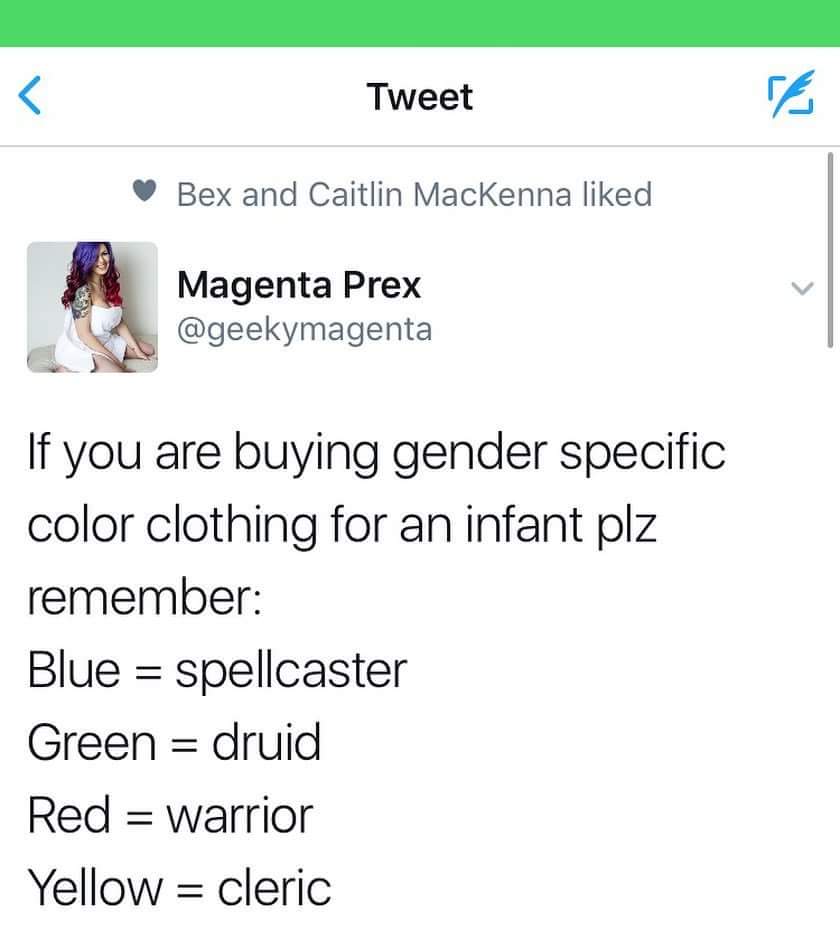 bts group chat with you - Tweet Bex and Caitlin Mackenna d Magenta Prex If you are buying gender specific color clothing for an infant plz remember Blue spellcaster Green druid Red warrior Yellow cleric