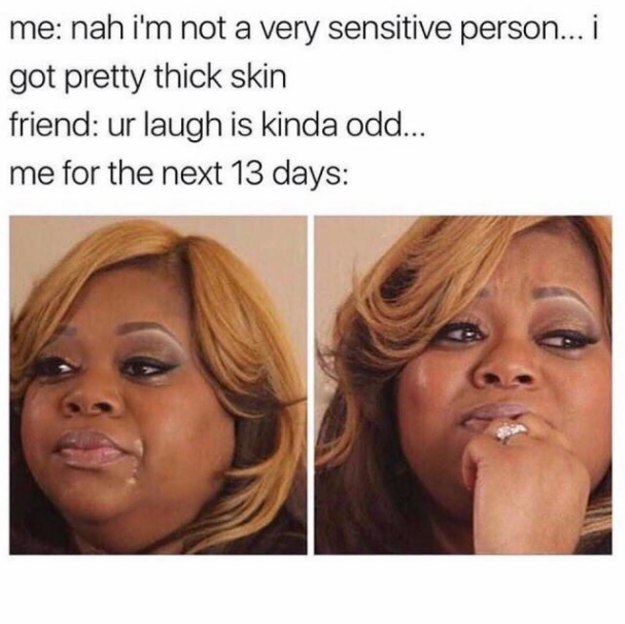sensitive people memes - me nah i'm not a very sensitive person... I got pretty thick skin friend ur laugh is kinda odd... me for the next 13 days