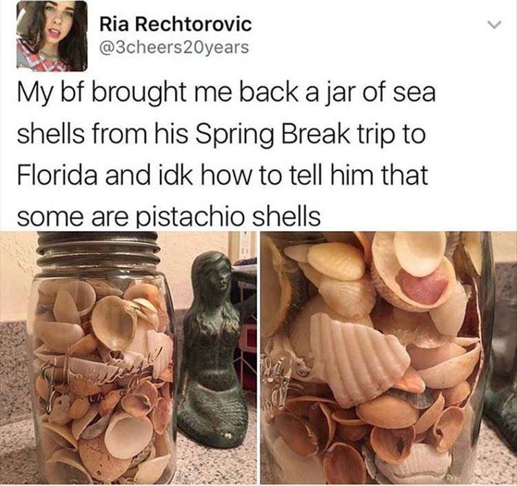 funny meme of bf who brought back jar of sea shells from spring break and she doesn't know how to tell him they are pistachio shells