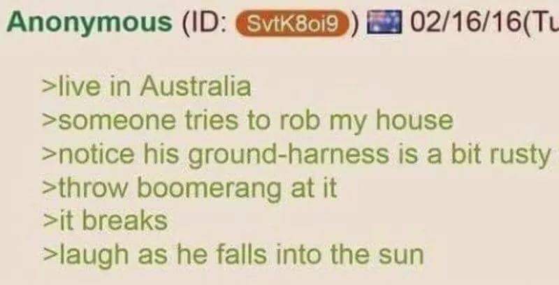 greentext australia - Anonymous Id SvK809 021616Tl >live in Australia >someone tries to rob my house >notice his groundharness is a bit rusty >throw boomerang at it >it breaks >laugh as he falls into the sun