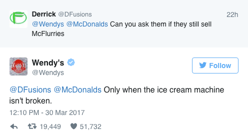 tweet - wendys destroys mcdonalds - 22n Derrick Can you ask them if they still sell McFlurries Wendy's Only when the ice cream machine isn't broken. t7 19,449 51,732