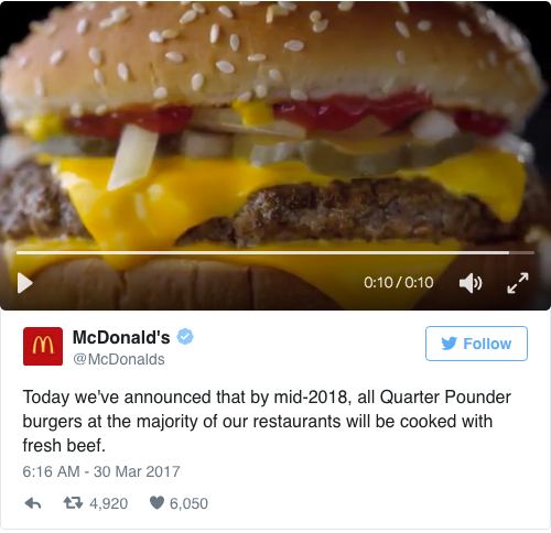 tweet - fast food restaurants roasting - McDonald's y Today we've announced that by mid2018, all Quarter Pounder burgers at the majority of our restaurants will be cooked with fresh beef. 7 4,920 6,050