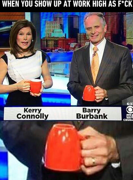 Meme calling newcaster high because his coffee mug is upsidedown.