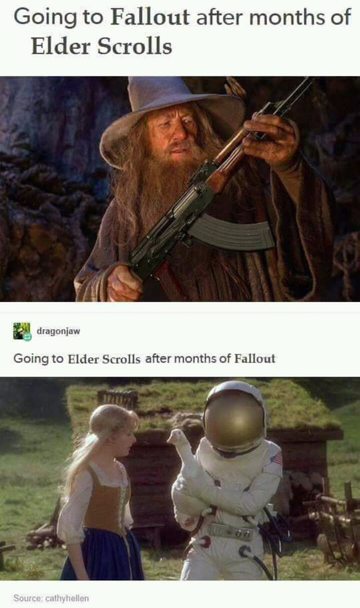 Meme about the contrast between Elder's Scrolls and Fallout