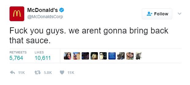McDonald's Twitter cursing out about not bring back the sauce