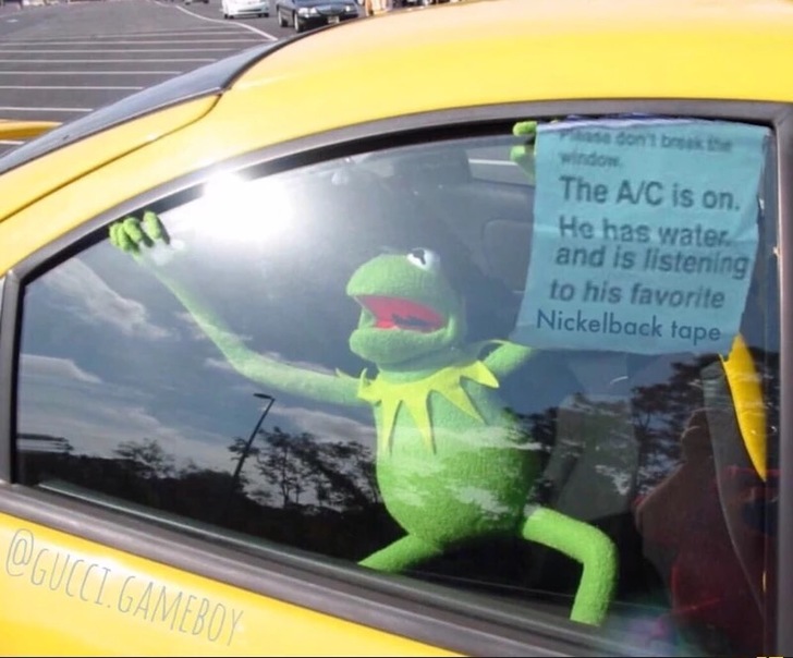 Dog in the car has notice held up by Kermit the Frog about the safety of the dog being left in the vehicle.