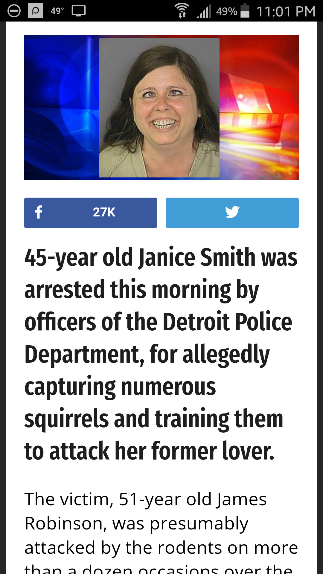 Funny looking cross-eyed woman article about her being arrested for training squirrels to attack her husband