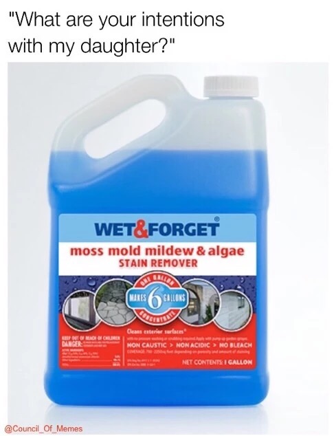 wet and forget - "What are your intentions with my daughter?" Wet&Forget moss mold mildew & algae Stain Remover Wakes Calons Ta Ceas anterior curaces Mon Caustic Non Acidic > No Bleach Net Contents I Gallon