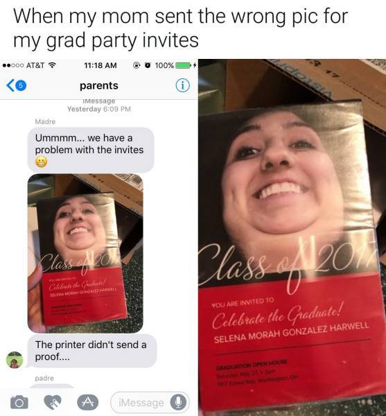 Funny text screen grab, perfect for Hump Day - Mom sent wrong pic of girl for grad party invites, horrible low angle picture that is about 40% chin.