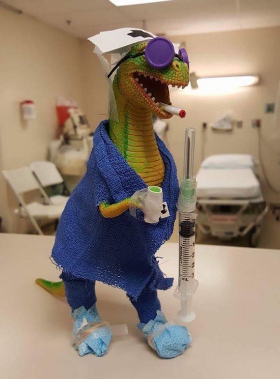 Chill little lizard toy in the hospital ward that has every little mini accessory including bathrobe, slippers, cigarette and sun glasses.