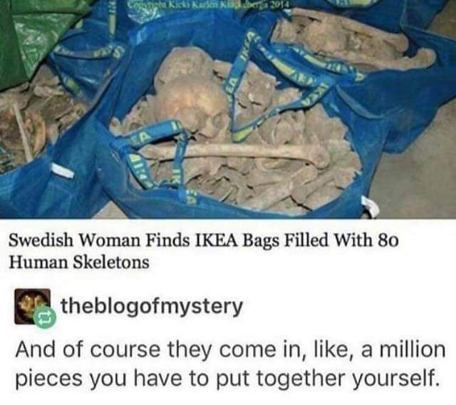 ikea bones meme - Swedish Woman Finds Ikea Bags Filled With 80 Human Skeletons theblogofmystery And of course they come in, , a million pieces you have to put together yourself.
