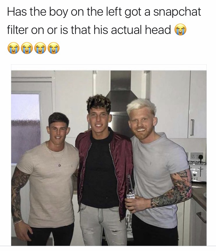 boys on snapchat meme - Has the boy on the left got a snapchat filter on or is that his actual head