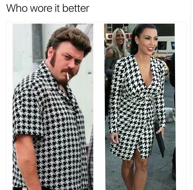 Funny meme of fat dude with cigarette and mustache wearing the same pattern clothing as Kim Kardashian with a 'WHO WORE IT BETTER' caption.
