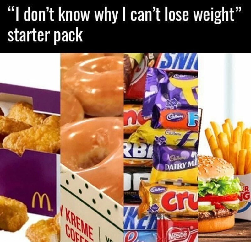 Meme about I don't Know Why I Can't Lose Weight starter pack of McDonalds, Cripsy Kreme, Snickers and other candy bars and Burger King meal.