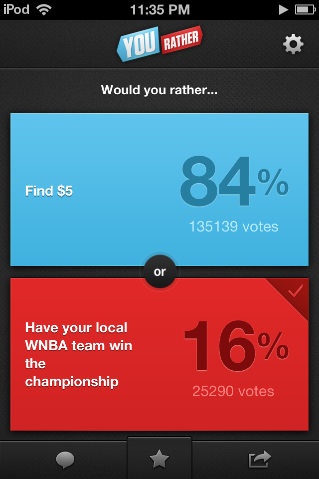 would you rather jokes - iPod Vou Rather Would you rather... 84% Find $5 135139 votes Have your local Wnba team win the championship 16% 25290 votes