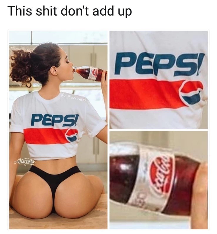 Girl in a thong and a Pepsi shirt drinking a bottle of Cocacola