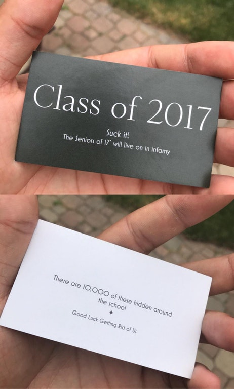 Epic troll of a high school class of 2017 that left 10,000 business cards all over campus to impart their legacy.