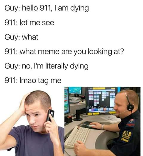 Meme of someone calling the cops because he is dying and the cop thinks it means he saw a great meme, keeps wanting to see it.