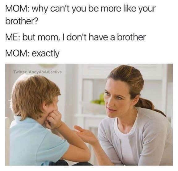 Meme of mom talking to son telling him he should be more like his brother, he points out the at he doesn't have a brother and the mom coldly responds EXACTLY