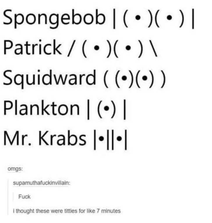Spongebob and Patrick characters in ASCII characters and someone thought it was boobs for a few minutes