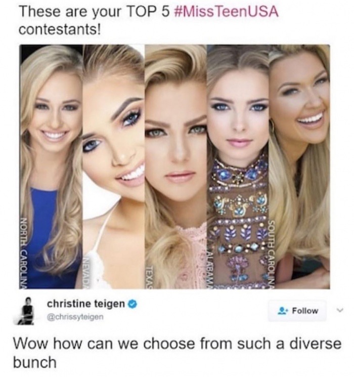 Tweet highlighting how all the last 5 Miss Teen USA contestants are blonde white woman with similar looking features.