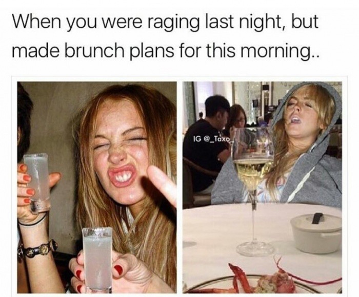 Meme about raging the night before and then falling asleep at the morning plans.