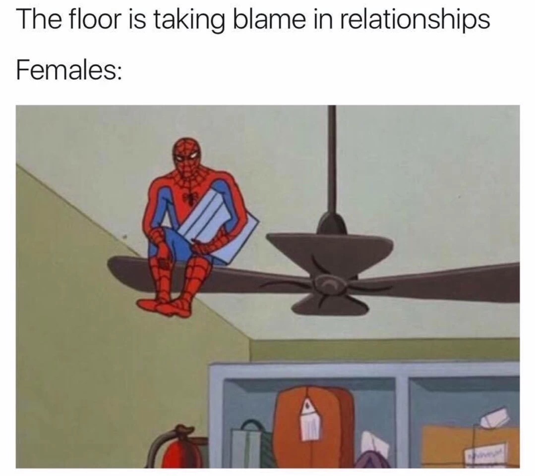 The is taking blame in relationships, with females represented as spiderman chilling out on a ceiling fan