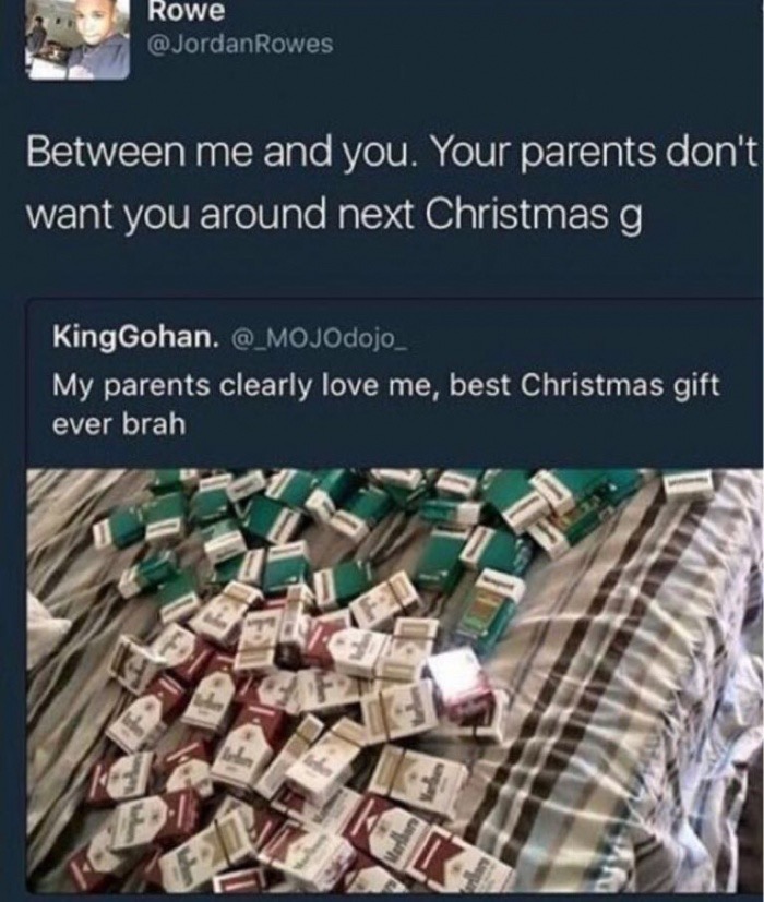Tumblr post of someone who's parents bought them a whole bunch of cigarettes and someone points out that maybe their parents don't want them around long.