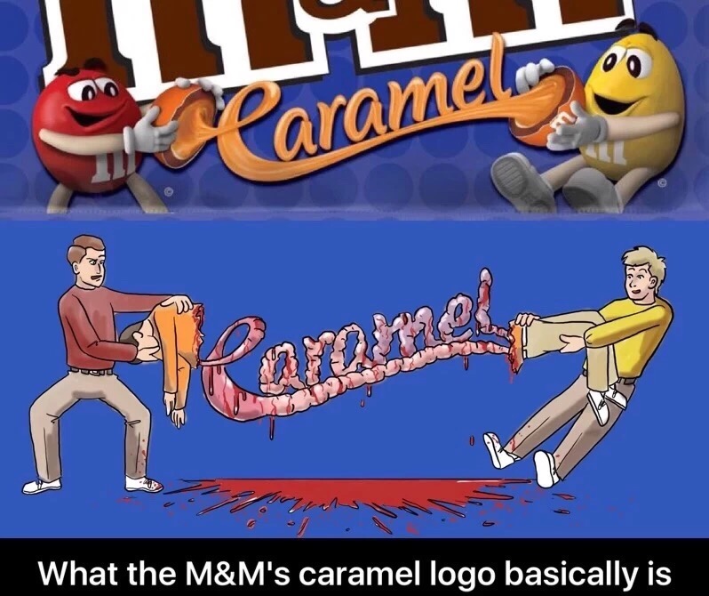 Funny interpretation of the new M&M Caramel packaging which basically looks like M&M's brutally murdered their friend to get a message across.