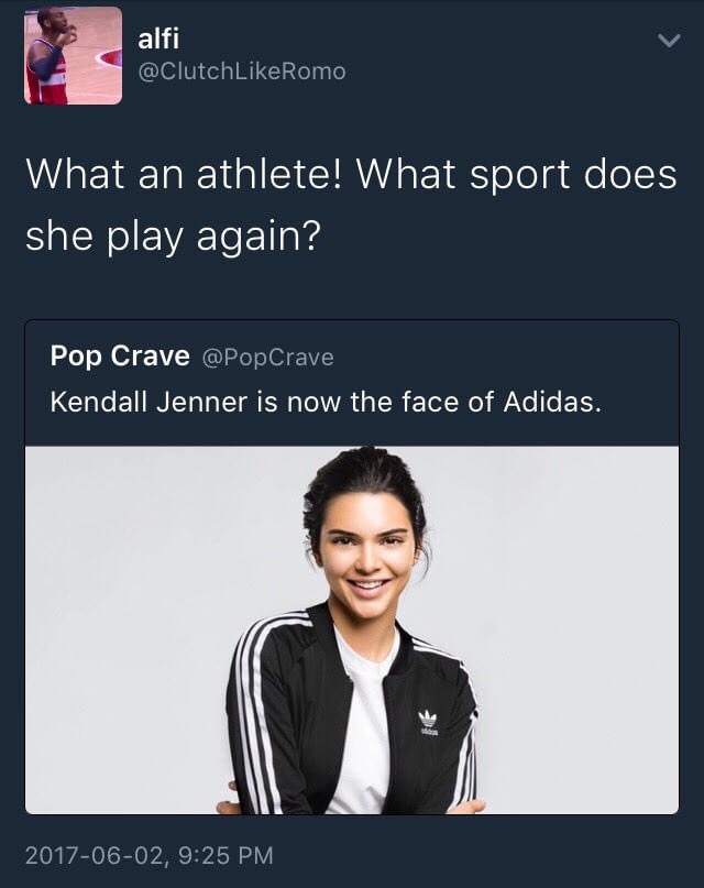 presentation - alfi What an athlete! What sport does she play again? Pop Crave Kendall Jenner is now the face of Adidas. ,