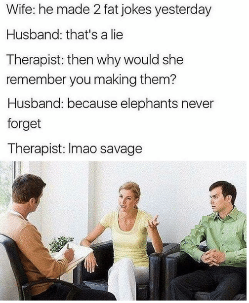 therapist memes - Wife he made 2 fat jokes yesterday Husband that's a lie Therapist then why would she remember you making them? Husband because elephants never forget Therapist Imao savage