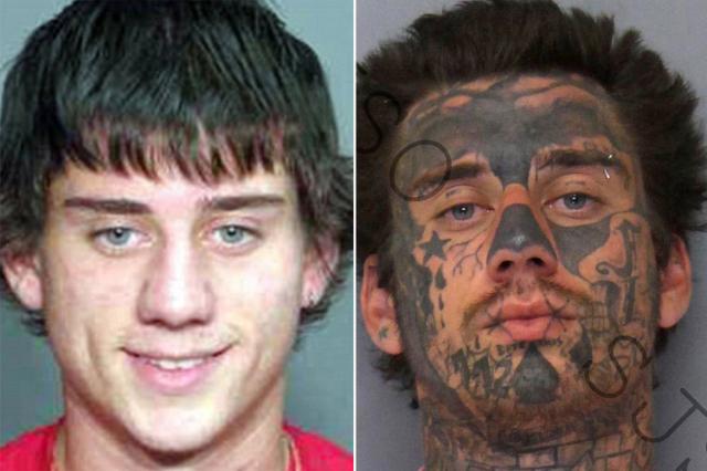 Before and after pics of a man with tattoos all over his face