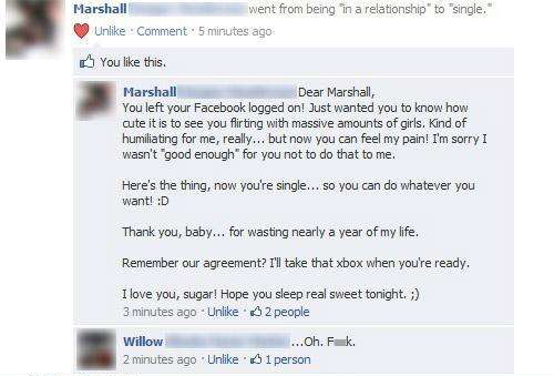 cheaters busted on social media - Marshall went from being in a relationship" to "single. Un. Comment 5 minutes ago You this. Marshall Dear Marshall You left your Facebook logged on! Just wanted you to know how cute it is to see you flirting with massive 