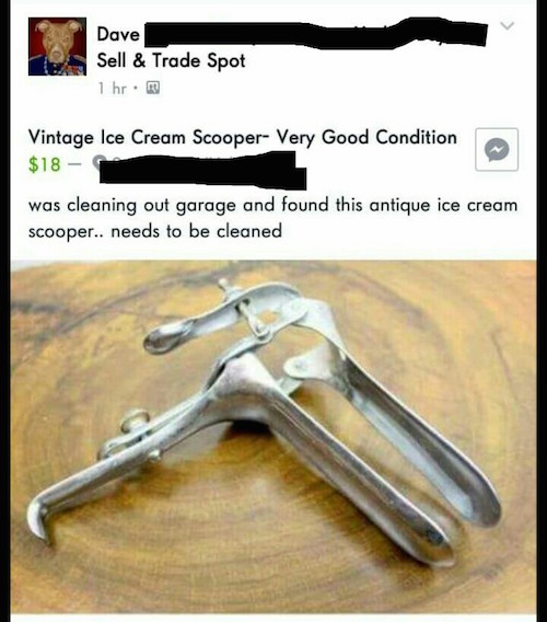 Facebook post of an antique ice cream scooper that is a vaginal or anal medical device.