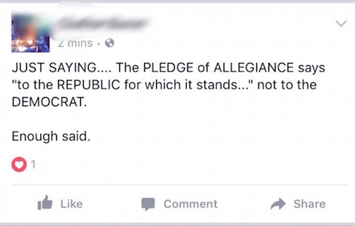 Facebook post about how the pledge of allegiance says to the REPUBLIC, not democrat.