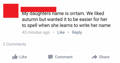 Facebook by parents who named their girl Orrtam because it is easier to spell than Autumn