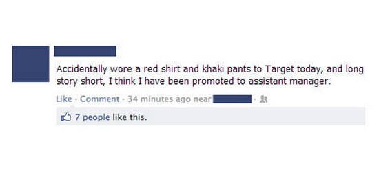 Facebook post of someone who wore a red shirt and khakis to target to go shopping and got promoted to assistant manager.
