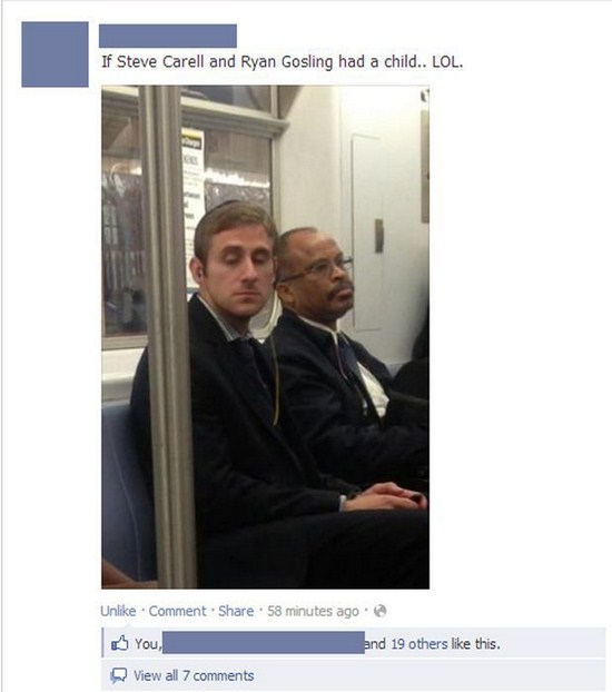 Funny pic of subway rider that looks like Steve Carell and Ryan Gosling had a child.
