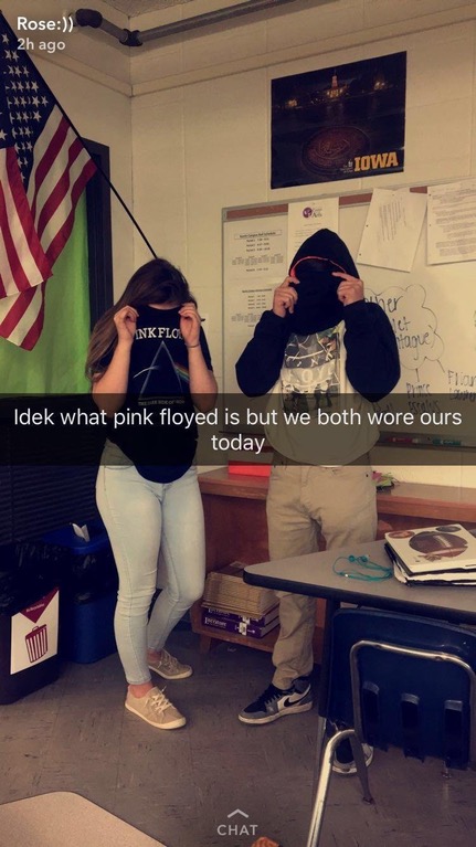 Snapchat of two people wearing Pink Floyd shirts and don't know who it even is.
