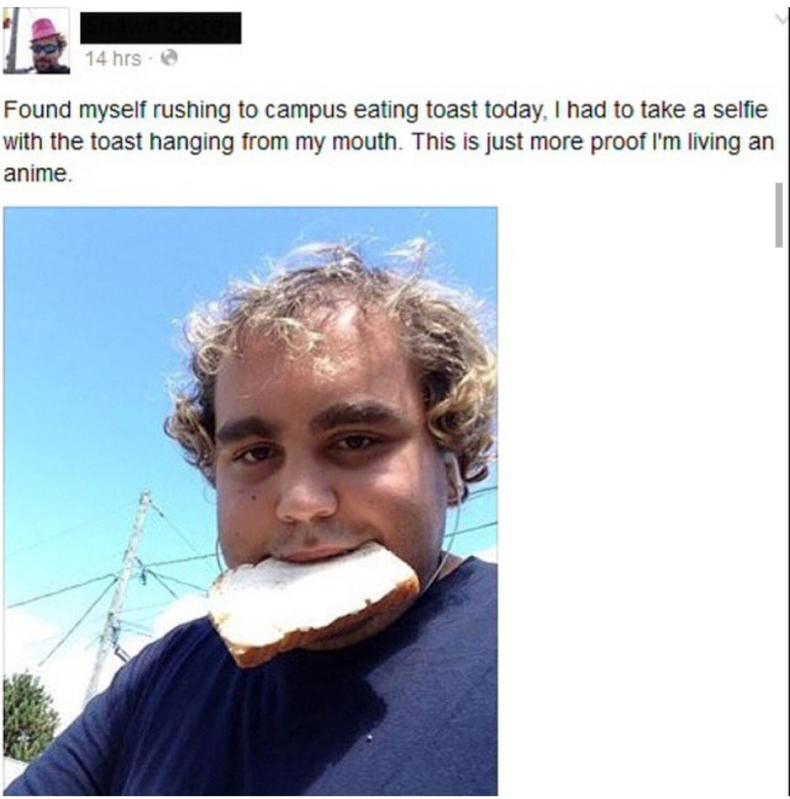 Selfie of a dude in a rush eating toast